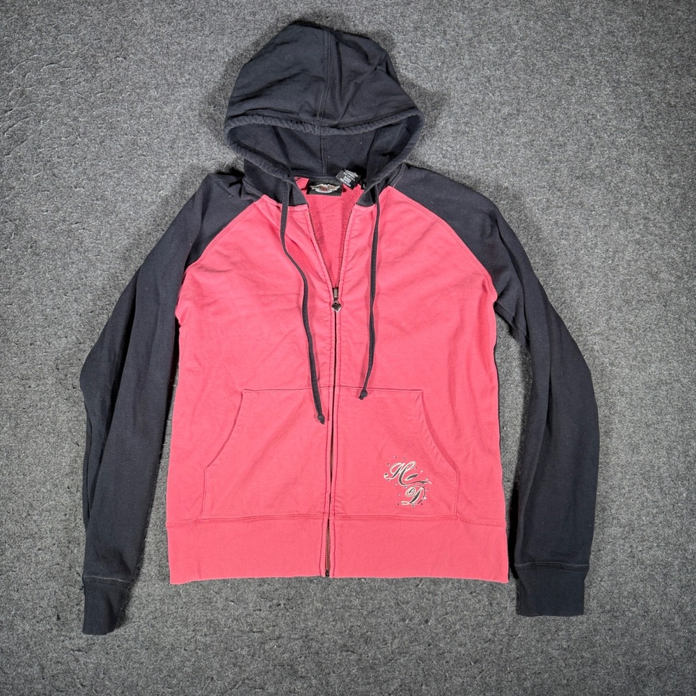 Harley-Davidson Womens Pink Black Colorblock Zip Up Hoodie Rhinestone Large Y2K